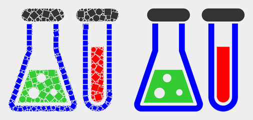 Pixel and flat chemical glassware icons. Vector mosaic of chemical glassware composed of random square elements and spheric dots.