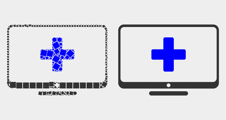 Dotted and flat computer medicine icons. Vector mosaic of computer medicine formed of irregular square pixels and spheric pixels.