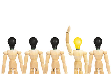 Business Idea Concept : One wooden figure mannequin with yellow light bulb head standing out row of other figures with black light bulb on head.