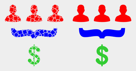 Dotted and flat customer sales funnel icons. Vector mosaic of customer sales funnel organized of irregular rectangle elements and circle elements.