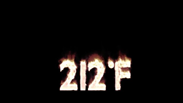 Animated burning or engulf in flames all caps text 212 Degree Fahrenheit. Isolated and against black background, mask included.