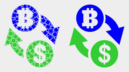 Dot and flat dollar bitcoin exchange icons. Vector mosaic of dollar bitcoin exchange composed of irregular square dots and spheric pixels.