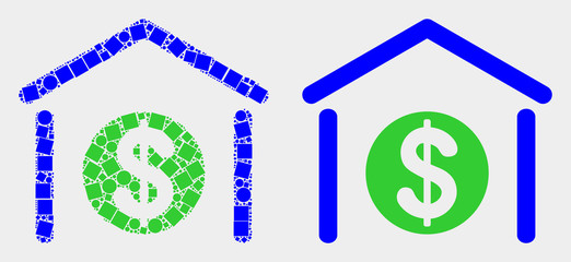 Dot and flat dollar garage bank icons. Vector mosaic of dollar garage bank combined of irregular square pixels and round dots.