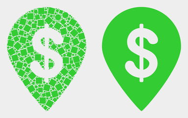 Pixel and flat dollar map marker icons. Vector mosaic of dollar map marker constructed of scattered small rectangles and circle points.