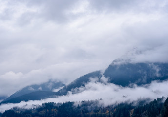 Fog and clouds covering forested mountains.