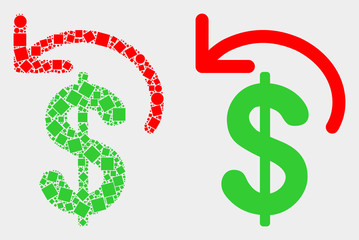 Pixel and flat dollar refund icons. Vector mosaic of dollar refund created of randomized square dots and round dots.