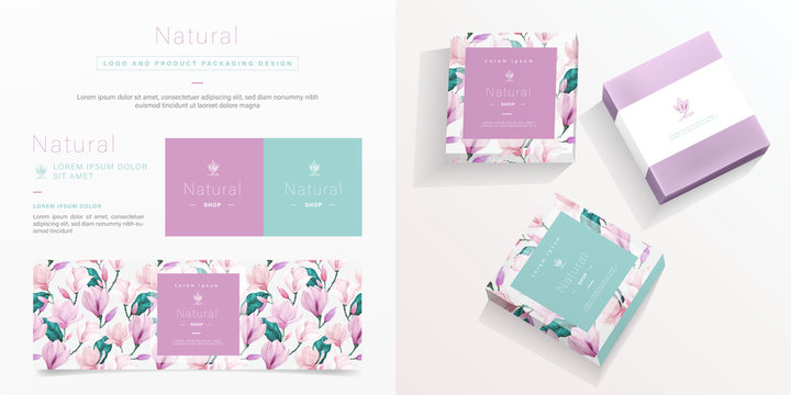 Natural logo and packaging design template. Natural soap package mockup created by vector. Watercolor floral pattern for branding and corporate identity design.