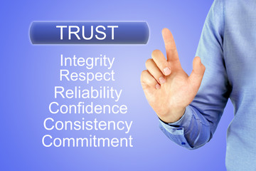 Hand businessman touch the button of trust. Trust Concept.