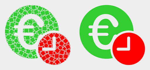 Pixel and flat euro credit time icons. Vector mosaic of euro credit time formed of random dots and round dots.