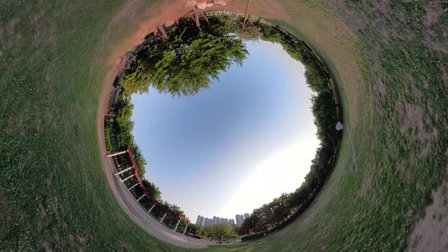 Ansan, South Korea - 12 June 2019 Carbon-neutral forest in Ansan Hwarang Recreation Area edited by Gopro Fusion 360 Little Planet view.