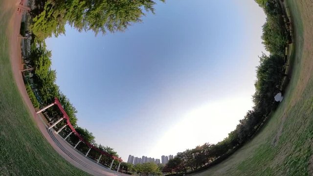 Ansan, South Korea - 12 June 2019 Carbon-neutral forest in Ansan Hwarang Recreation Area edited by Gopro Fusion 360 Little Planet view.