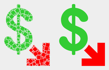 Pixel and flat export dollar icons. Vector mosaic of export dollar designed of scattered square elements and circle elements.