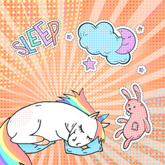 Cute sleeping unicorn,moon, toy rabbit and sticker with text SLEEP. Vector pop art background.