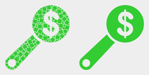 Dotted and flat financial audit icons. Vector mosaic of financial audit created of randomized rectangle elements and circle pixels.