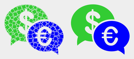 Pixel and flat financial chat icons. Vector mosaic of financial chat formed of irregular dots and circle dots.