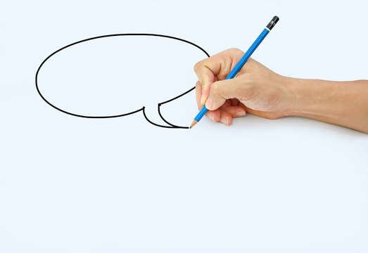 Hand holding a pencil on a white paper background, Drawing with pencil for image of Speech Bubbles