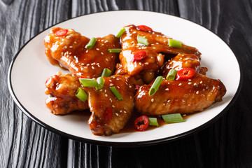 Recipe for delicious baked chicken wings with teriyaki sauce close-up on a plate. horizontal