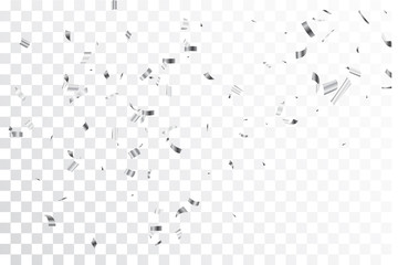 Beautiful silver confetti and ribbon , isolated on transparent background  - obrazy, fototapety, plakaty