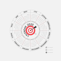 2020 Calendar Template.Circle calendar template.Calendar 2020 Set of 12 Months.Starts from Sunday.Yearly calendar vector design stationery template.Vector illustration.