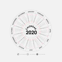 2020 Calendar Template.Circle calendar template.Calendar 2020 Set of 12 Months.Starts from Sunday.Yearly calendar vector design stationery template.Vector illustration.