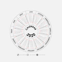 2020 Calendar Template.Circle calendar template.Calendar 2020 Set of 12 Months.Starts from Sunday.Yearly calendar vector design stationery template.Vector illustration.