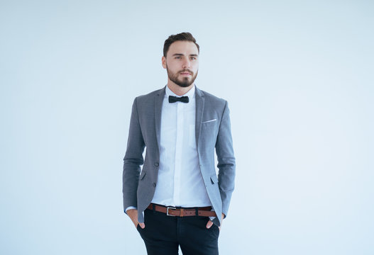 Handsome Caucasian Man With Beard In Formal Tuxedo And Suit Standing And Smiling On White Background,Copy Space For Text And Die Cut