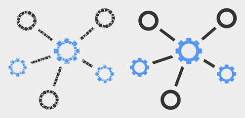 Dot and flat gear links icons. Vector mosaic of gear links composed of scattered square particles and spheric elements.