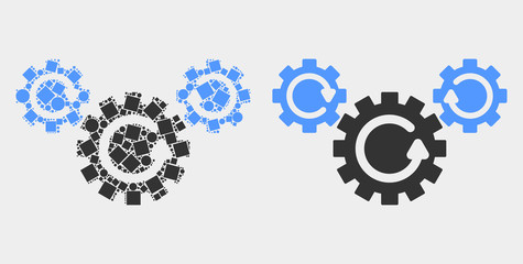 Dot and flat gear rotation icons. Vector mosaic of gear rotation organized with random square pixels and circle pixels.
