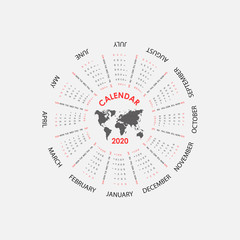 Fototapeta premium 2020 Calendar Template.Circle calendar template.Calendar 2020 Set of 12 Months.Starts from Sunday.Yearly calendar vector design stationery template.Vector illustration.