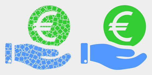 Pixel and flat hand offer euro coin icons. Vector mosaic of hand offer euro coin composed of scattered small rectangles and spheric items.