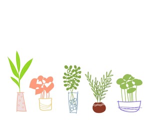 Fototapeta na wymiar hand drawn many type of plants in vases on white background