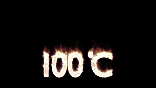 Animated burning or engulf in flames all caps text 100 Degree Celsius. Isolated and against black background, mask included.