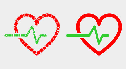 Dotted and flat heart pulse icons. Vector mosaic of heart pulse formed of scattered rectangle elements and round dots.
