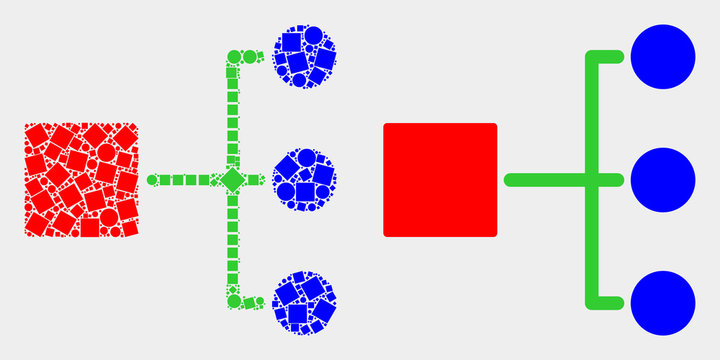 Dotted and flat hierarchy icons. Vector mosaic of hierarchy constructed of randomized square elements and round elements.