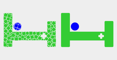 Pixel and flat hospital bed icons. Vector mosaic of hospital bed organized with random dots and spheric dots.