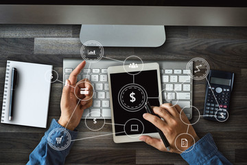 Top view Businesswoman hand working digital marketing media in virtual screen with mobile phone and...