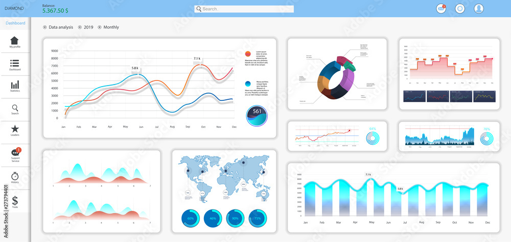 Fototapete Colorful dashboard UI,UX,KIT.  Modern presentation with infographics and HUD diagrams, clean and simple app interface. GUI elements. Modern ui dashboard. Vector illustration