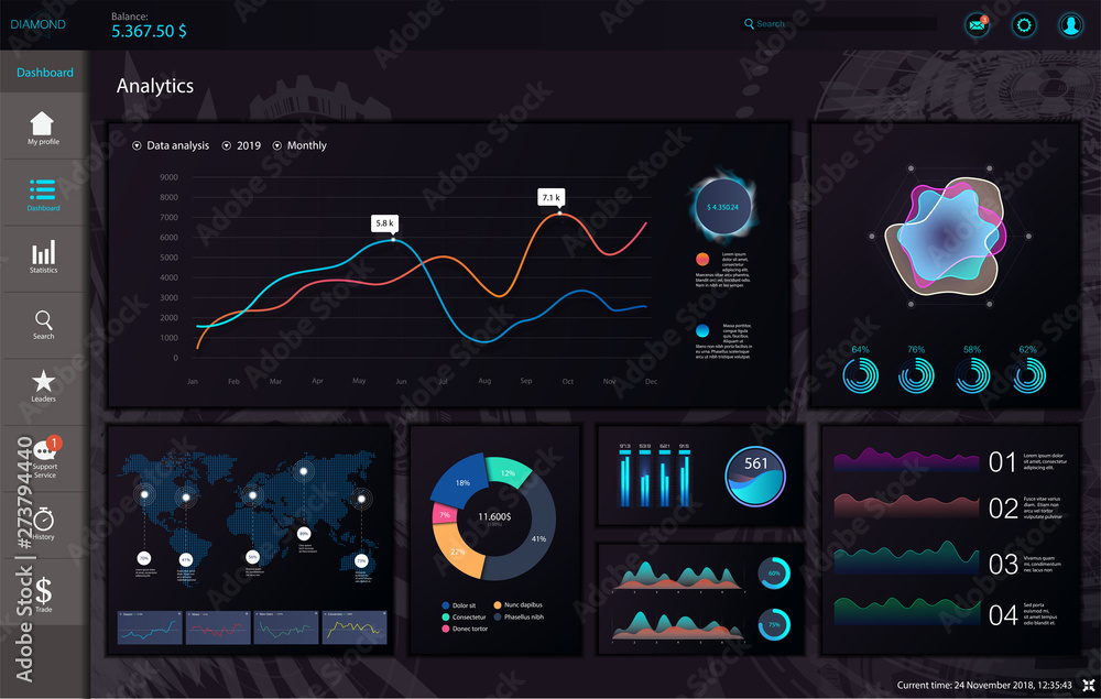 Fototapete Dark Dashboard Infographic template. Modern web app UI with graphs round bars and charts. Vector admin panel with creative workflow design. Dashboard Infographic UI, UX, KIT elements