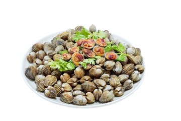 Soft focus of steamed cockles on white dish isolated on white background, This food is most popular, Selective focus
