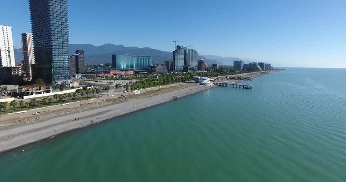 Drone flies along new Batumi boulevard. Batumi Georgia Aerial view