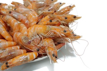 Top view of steamed shrimp isolated on white background, Ready to serve or eat, selective focus