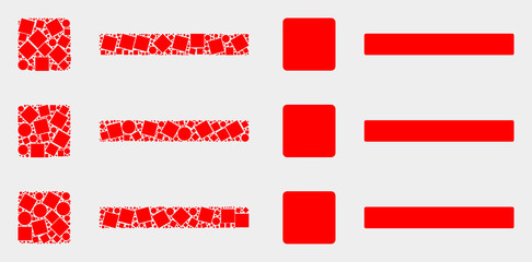 Pixel and flat list items icons. Vector mosaic of list items combined of irregular rectangle elements and spheric elements.