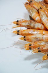Top view of steamed shrimp isolated on white background, Ready to serve or eat, vertical, selective focus