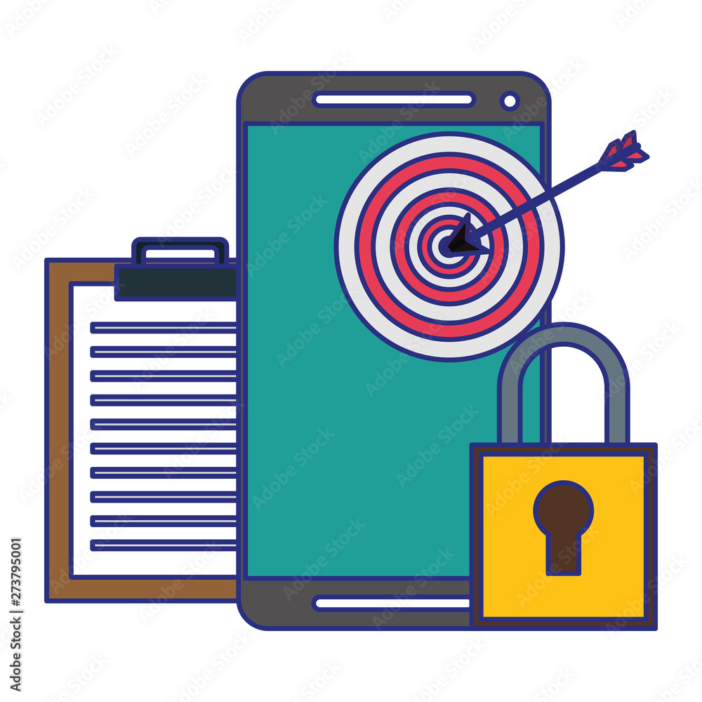 Poster smartphone with target darboad on screen and padlock with clipboard symbols blue lines