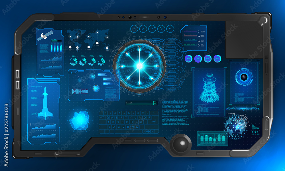 Poster Sky-fi tablet, dashboard in HUD style. The tablet gadget. Control Center - 3d futuristic device with statistics and data, remote control. HUD, GUI, UI dashboard. Vector illustration