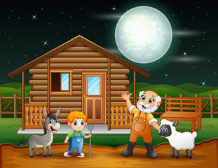 Farmer and farm animal in the farmyard at night