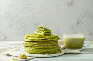 Matcha green tea with matcha green crepes
