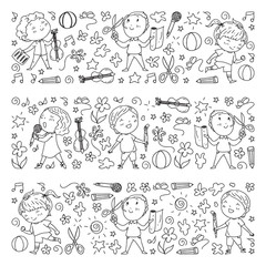 creative kids dancing, sing, playing football, playing guitar, violin, making models from paper. Monochrome on white background.