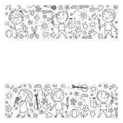 creative kids dancing, sing, playing football, playing guitar, violin, making models from paper. Monochrome on white background.