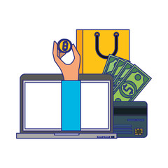 Bitcoin cryptocurrency online payment symbols blue lines